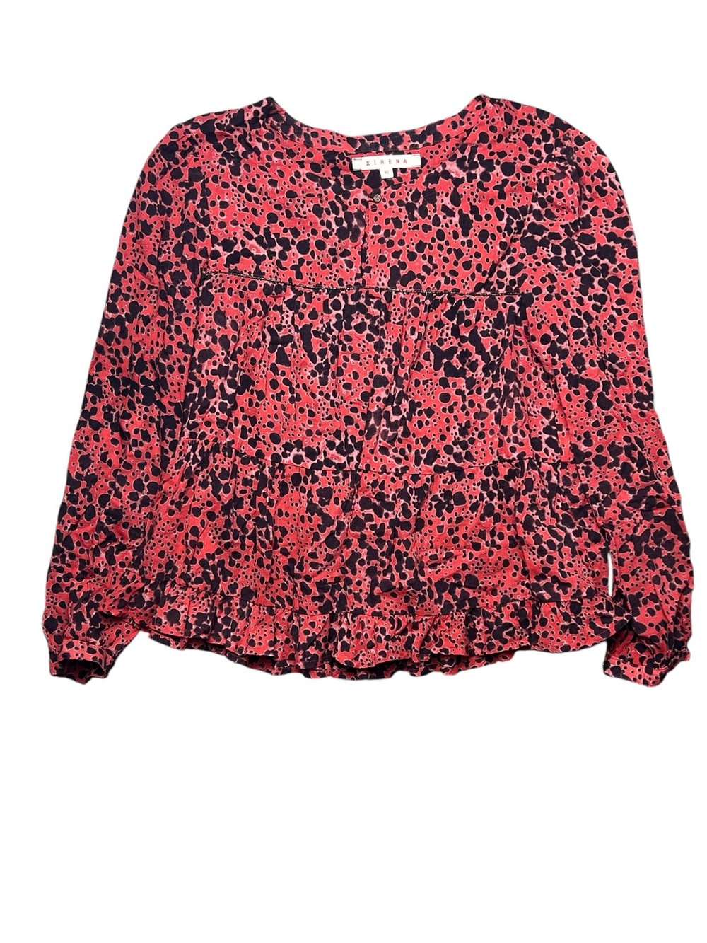 Xirena XS Boho Red Black Printed Peasant Top Ruffle Hem